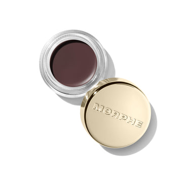 {Remix} Morphe Solo Artist Priming Cream Eyeshadow open jar showing deep burgundy cream with clear glass base and gold lid stamped MORPHE on white background.