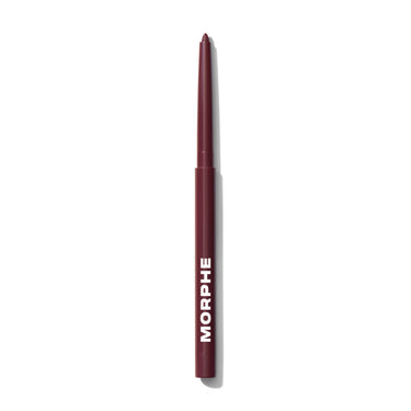 {Compatible} Morphe Soulmatte Filling Gel Lip Liner in deep burgundy with MORPHE on barrel, sharpened tip, white background.