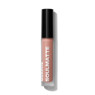 {Quick Crush} Morphe Soulmatte Velvet Lip Mousse in peachy-nude Quick Crush, frosted tube labeled MORPHE SOULMATTE with black cap, closed.