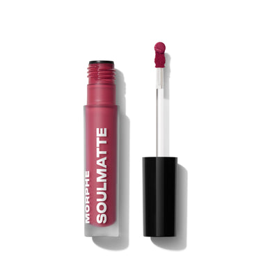 {Bella} Morphe Soulmatte Velvet Lip Mousse in shade Bella, open tube labeled MORPHE SOULMATTE beside wand with mauve-pink formula on applicator. | Soulmatte Velvet Lip Mousse