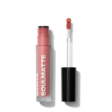 {Dearest} Morphe Soulmatte Velvet Lip Mousse in Dearest, a dusty rose shade, open with doe-foot applicator, labeled 