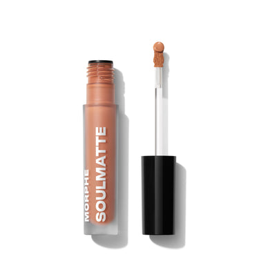 {My Boo} Morphe Soulmatte Velvet Lip Mousse open tube in warm peach-nude with "MORPHE SOULMATTE" label and wand applicator showing matte formula.