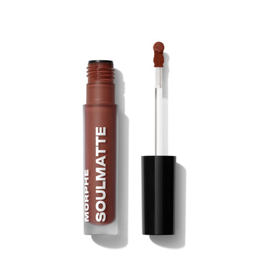 {Other Half} Soulmatte Velvet Lip Mousse open tube labeled MORPHE SOULMATTE with black cap removed and applicator wand showing warm brown mousse.