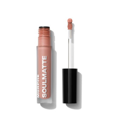 {Quick Crush} Morphe Soulmatte Velvet Lip Mousse in terracotta nude, open tube labeled "MORPHE SOULMATTE" with black cap and fuzzy doe-foot applicator wand.