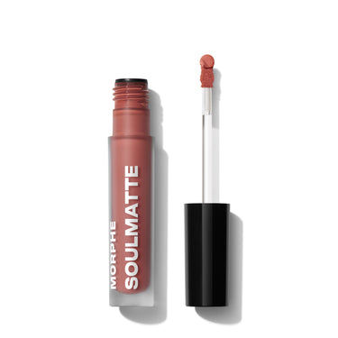 {Whipped} Soulmatte Velvet Lip Mousse open tube labeled MORPHE SOULMATTE in warm mauve-rose beside doe-foot applicator with black cap.