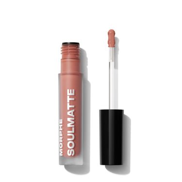 {Wifey} Morphe Soulmatte Velvet Lip Mousse open frosted tube labeled MORPHE SOULMATTE with nude-pink mousse on applicator wand.