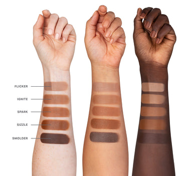 {Flicker} Morphe Sudden Heat Creamy Bronzer Stick five shades — FLICKER, IGNITE, SPARK, SIZZLE, SMOLDER — swatched on three skin tones.