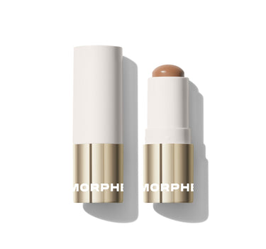 {Flicker} Morphe Sudden Heat Creamy Bronzer Stick shown closed and open with warm bronze formula, white and gold MORPHE packaging. | Sudden Heat Creamy Bronzer Stick