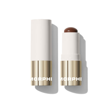 {Smolder} Morphe Sudden Heat Creamy Bronzer Stick in Smolder showing two sticks — capped and uncapped with deep bronze product extended, gold MORPHE band on each.