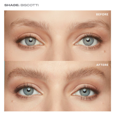 {Biscotti (light taupe)} SHADE: BISCOTTI before and after model demo of Supreme Brow Sculpting And Shaping Wax showing brows transform from sparse to fuller, sculpted — labeled BEFORE and AFTERE.