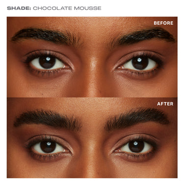 {Chocolate Mousse (soft black)} SHADE: CHOCOLATE MOUSSE before and after model brows using Supreme Brow Sculpting And Shaping Wax — BEFORE shows natural brows, AFTER shows fuller, defined, sculpted brows.