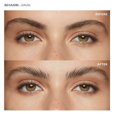 {Java (deep brown)} SHADE: JAVA before/after model showing natural brows (BEFORE) transformed to sculpted, defined brows with Supreme Brow Sculpting And Shaping Wax (AFTER).