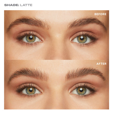 {Latte (soft brown)} Supreme Brow Sculpting And Shaping Wax before-and-after showing sparse brows transformed to full, sculpted brows; SHADE: LATTE.