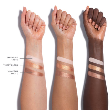{Champagne On Tap} Dazzling Metallics Eyeshadow Trio arm swatches of EXPENSIVE TASTE, THIRST CLASS, and CHATEAU SPRITZ on three skin tones.