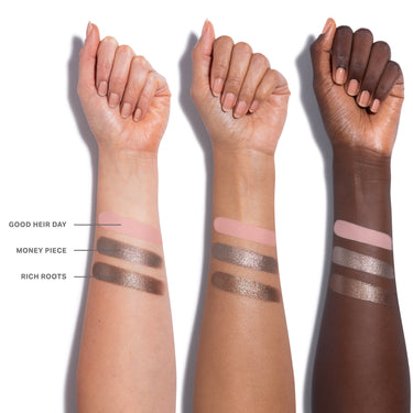 {Platinum Bombshell} Dazzling Metallics Eyeshadow Trio arm swatches on three skin tones showing shades GOOD HEIR DAY, MONEY PIECE, and RICH ROOTS.