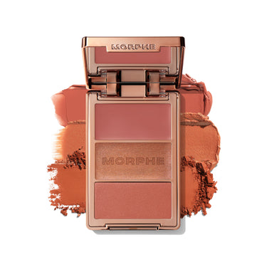 Cheek Thrills Multi-Finish Face Trio Yacht Day open compact with MORPHE engraved on lid and shimmer pan, showing blush, highlighter, and bronzer pans with product smears.