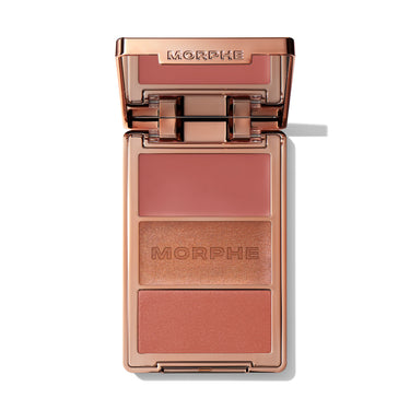 {Yacht Day} Cheek Thrills Multi-Finish Face Trio in Yacht Day, open compact showing matte blush, MORPHE-engraved shimmer, and satin blush pans in rosy nude tones, with MORPHE on the lid. | Cheek Thrills Multi-Finish Face Trio - Yacht Day