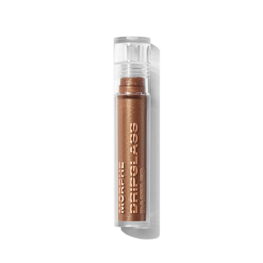 {Cognac Diamond} Morphe Dripglass Dazzled High Shimmer Lip Gloss closed tube in a warm bronze shimmer shade with "MORPHE DRIPGLASS DAZZLED" embossed on the clear packaging.
