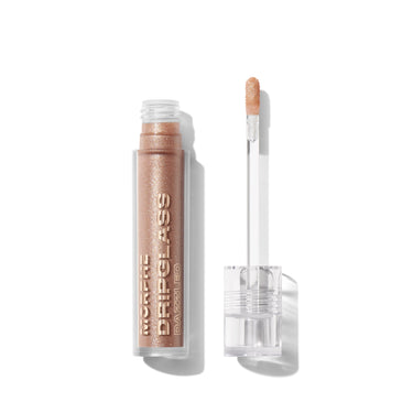 {Champagne Pearl} Morphe Dripglass Dazzled High Shimmer Lip Gloss in Champagne Pearl, open tube with wand, labeled "MORPHE DRIPGLASS DAZZLED." | Dripglass Dazzled High Shimmer Lip Gloss