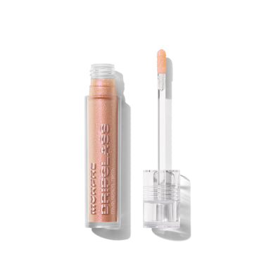 {Pink Sapphire} Morphe Dripglass Dazzled High Shimmer Lip Gloss open tube with doe-foot applicator in a rose gold shimmer shade. | Dripglass Dazzled High Shimmer Lip Gloss | Secondary image