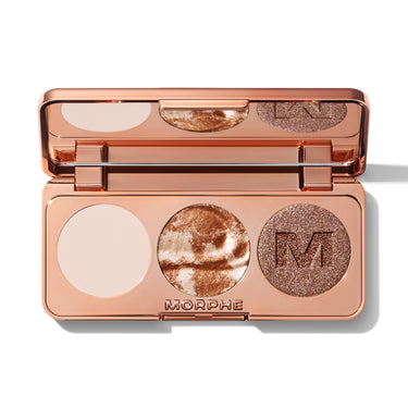 {Champagne On Tap} Dazzling Metallics Eyeshadow Trio open compact showing cream, swirled bronze, and dark shimmer pans with MORPHE engraved inside. | Dazzling Metallics Eyeshadow Trio