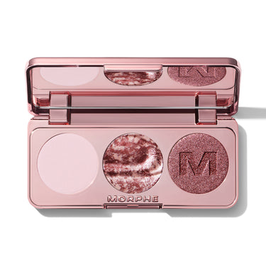 {Pinky Ring} Morphe Dazzling Metallics Eyeshadow Trio open compact showing matte, marbled metallic, and glitter rose shades with MORPHE engraved on pan. | Dazzling Metallics Eyeshadow Trio | Secondary image