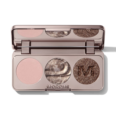 {Platinum Blonde} Dazzling Metallics Eyeshadow Trio open compact showing matte pink, metallic silver, and bronze glitter pans with MORPHE engraved below. | Dazzling Metallics Silver Bundle | Secondary image