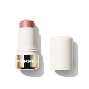 {Rose Spritz} Morphe Dreamlight Gelee Highlighter Stick in a shimmery rose pink shade, open with cap beside it, MORPHE on gold band. | Dreamlight Gelée Highlighter Stick | Secondary image