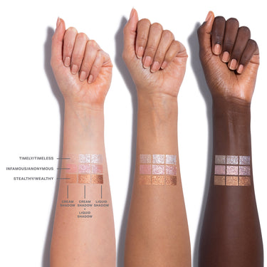 {Trophy Wife} Dazzling Metallics Mixed Signals Dual Ended Cream Liquid Shadow Stick arm swatches across three skin tones showing shades Timely/Timeless, Infamous/Anonymous, and Stealthy/Wealthy in Cream Shadow, Cream Shadow + Liquid Shadow, and Liquid Shadow columns.