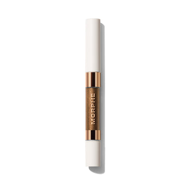 {Stealthy/Wealthy} Dazzling Metallics Mixed Signals Dual-Ended Cream & Liquid Shadow Stick closed, white barrel with bronze glitter center band reading MORPHE.