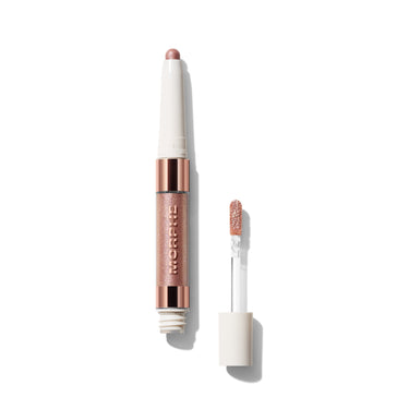{Infamous/Anonymous} Morphe Dazzling Metallics Mixed Signals Dual Ended Cream Liquid Shadow Stick open silo showing rose gold glitter stick and liquid wand applicator. | Mixed Signals Dual-Ended Cream & Liquid Shadow Stick