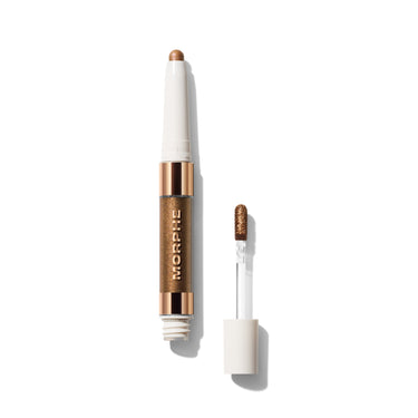{Stealthy/Wealthy} Dazzling Metallics Mixed Signals Dual-Ended Cream & Liquid Shadow Stick with MORPHE barrel, open showing bronze cream pencil tip and metallic liquid wand applicator. | Mixed Signals Dual-Ended Cream & Liquid Shadow Stick | Secondary image