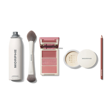Morphe Beauty Starter Bundle featuring five best-selling essentials: Lifeproof 16-HR Wear Continuous Setting Mist (mini), M200 Dual-Ended Cream & Powder Blush Brush, Cheek Thrills Multi-Finish Face Trio, Bake & Set Translucent Setting Powder, and a Signature Lip Pencil. | Beauty Starter Bundle