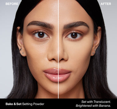 {Banana} Before and after model split showing Bake & Set Setting Powder: BEFORE set with Translucent, AFTER brightened with Banana, revealing enhanced skin luminosity.