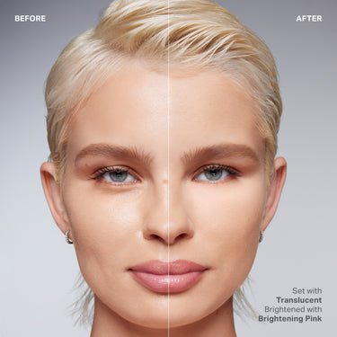 {Brightening Pink} Before and after split showing Bake A Set Setting Powder on fair skin — "BEFORE" / "AFTER" labels, "Set with Translucent Brightened with Brightening Pink."
