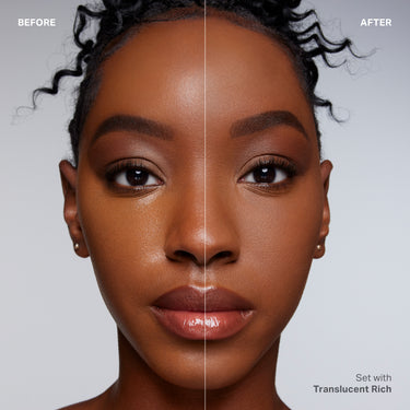 {Translucent Rich} Before and after model shot of Bake & Set Setting Powder: BEFORE left, AFTER right labeled Set with Translucent Rich