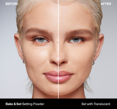 Morphe Bake & Set Setting Powder before-and-after on model, set with Translucent shade.