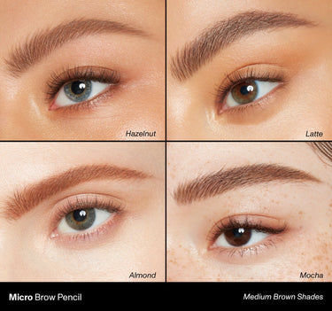 {Almond (warm brown)} Brow Essentials Bundle Micro Brow Pencil four-shade swatch grid showing Medium Brown Shades: Hazelnut, Latte, Almond, and Mocha on model.