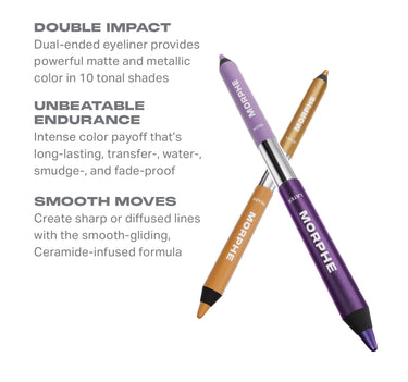 {Rhyme Or Reason (Light Brown/Shimmer Rose Gold)} Morphe Bi Liner Dual Ended Gel Liners benefits callout: DOUBLE IMPACT — dual-ended eyeliner provides powerful matte and metallic color in 10 tonal shades; UNBEATABLE ENDURANCE — intense color payoff that