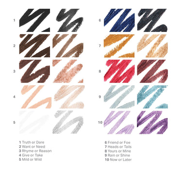 {Rhyme Or Reason (Light Brown/Shimmer Rose Gold)} Morphe Bi Liner Dual Ended Gel Liners color swatches showing 10 numbered dual-shade pairs: 1 Truth or Dare, 2 Want or Need, 3 Rhyme or Reason, 4 Give or Take, 5 Mild or Wild, 6 Friend or Foe, 7 Heads or Tails, 8 Yours or Mine, 9 Rain or Shine, 10 Now or Later.