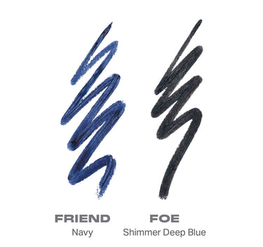 {Friend Or Foe (Navy/Shimmer Deep Blue)} Morphe Bi-Liner Dual-Ended Gel Liners swatches showing FRIEND Navy and FOE Shimmer Deep Blue gel liner marks on white background.