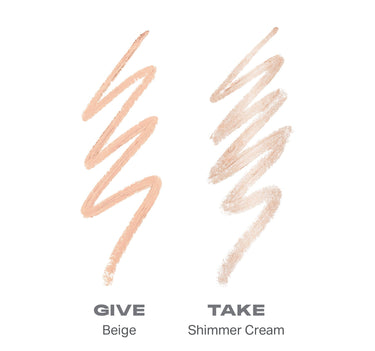 {Give Or Take (Beige/Shimmer Cream)} Swatch of Bi-Liner Dual-Ended Gel Liners showing GIVE Beige and TAKE Shimmer Cream with multiple application strokes