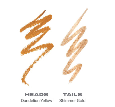 {Heads Or Tails (Dandelion Yellow/Shimmer Gold)} Morphe Bi-Liner Dual-Ended Gel Liners swatch showing HEADS Dandelion Yellow and TAILS Shimmer Gold.