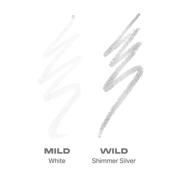 {Mild Or Wild (White/Shimmer Silver)} Bi Liner Dual Ended Gel Liners smear swatches showing MILD White and WILD Shimmer Silver finishes side by side.