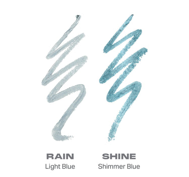 {Rain Or Shine (Light Blue/Shimmer Blue)} Bi Liner Dual Ended Gel Liners smear swatches: RAIN Light Blue matte and SHINE Shimmer Blue.