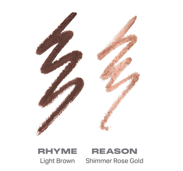 {Rhyme Or Reason (Light Brown/Shimmer Rose Gold)} Morphe Bi Liner Dual Ended Gel Liners swatch comparison showing RHYME Light Brown and REASON Shimmer Rose Gold finishes. | Bi-Liner Dual-Ended Gel Liners | Secondary image