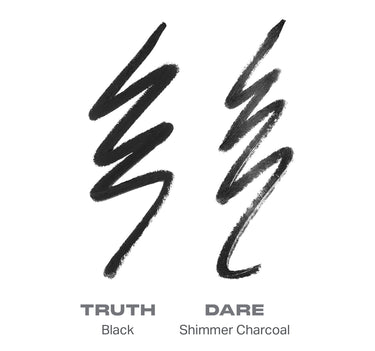 {Truth Or Dare (Black/Shimmer Charcoal)} Swatch comparison of Morphe Bi-Liner Dual-Ended Gel Liners showing TRUTH Black and DARE Shimmer Charcoal as zigzag strokes side by side.