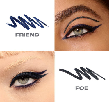 {Friend Or Foe (Navy/Shimmer Deep Blue)} Morphe Bi-Liner Dual-Ended Gel Liners macro grid showing FRIEND navy swatch and FOE shimmer deep blue swatch alongside two close-up eye looks with graphic liner.