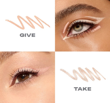 {Give Or Take (Beige/Shimmer Cream)} Morphe Bi-Liner Dual-Ended Gel Liners macro grid showing nude swatch labeled GIVE and shimmer cream swatch labeled TAKE with two eye application close-ups.