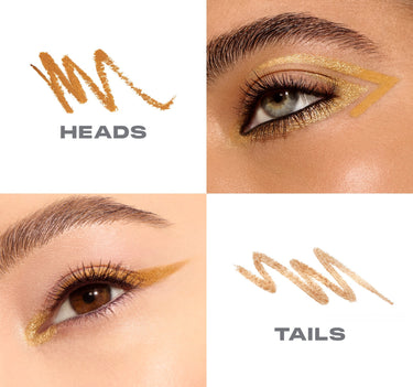 {Heads Or Tails (Dandelion Yellow/Shimmer Gold)} Bi Liner Dual Ended Gel Liners macro grid showing HEADS swatch in deep golden-amber and TAILS swatch in sheer champagne gold, with both shades applied as graphic winged liner looks on two models